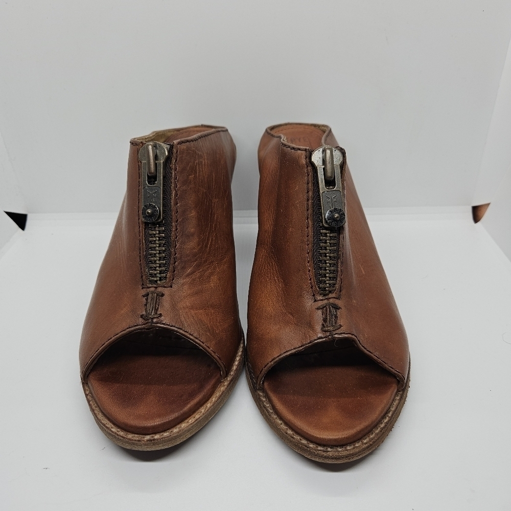 Frye cognac Izzy Zip moto sandal heeled mule peeptoe size 9B - Picture 2 of 13